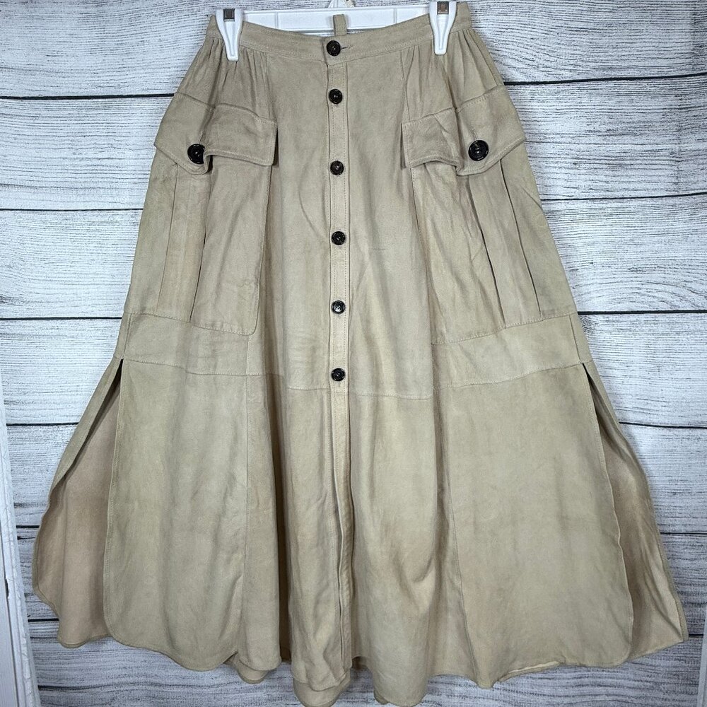 Vintage Dsquared 2 Button Down Natural Suede Maxi Skirt With Pockets Size 40/S